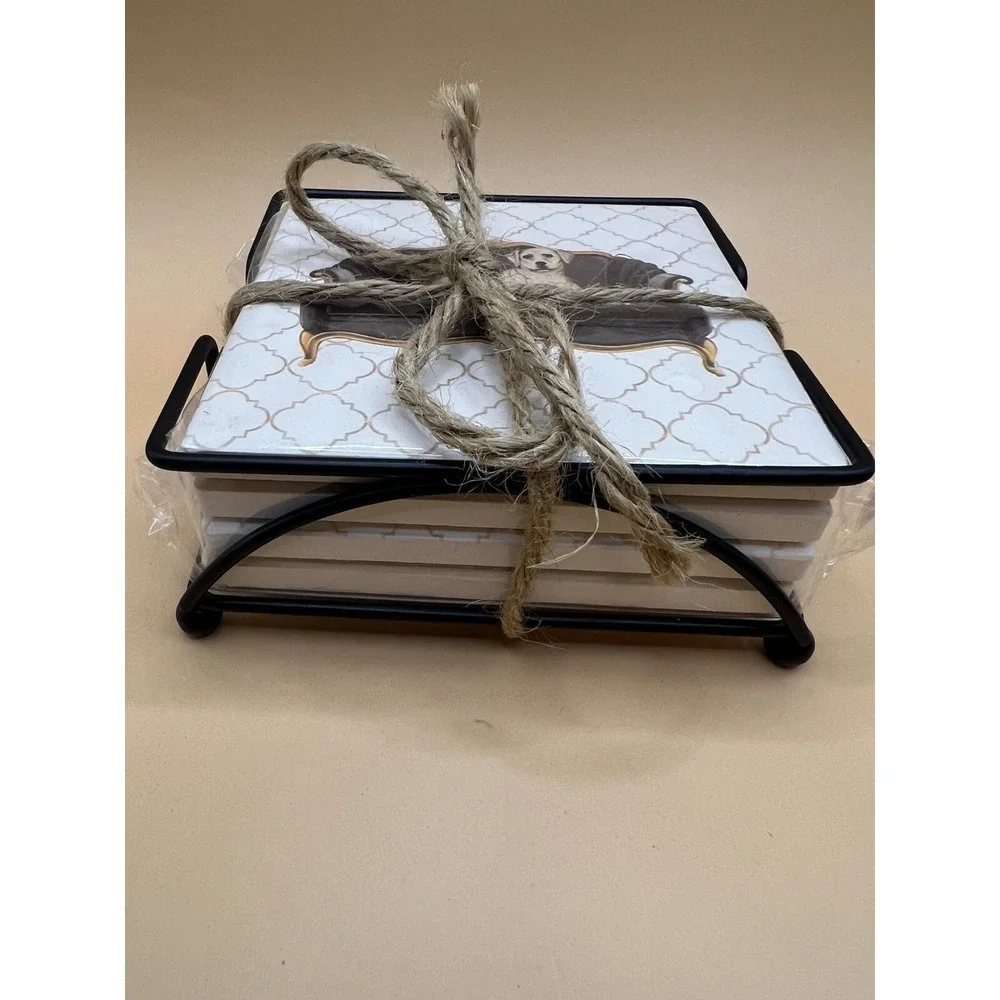 Labrador Dog Coaster‎ Set w Holder Ceramic Quotes Farmhouse Decor